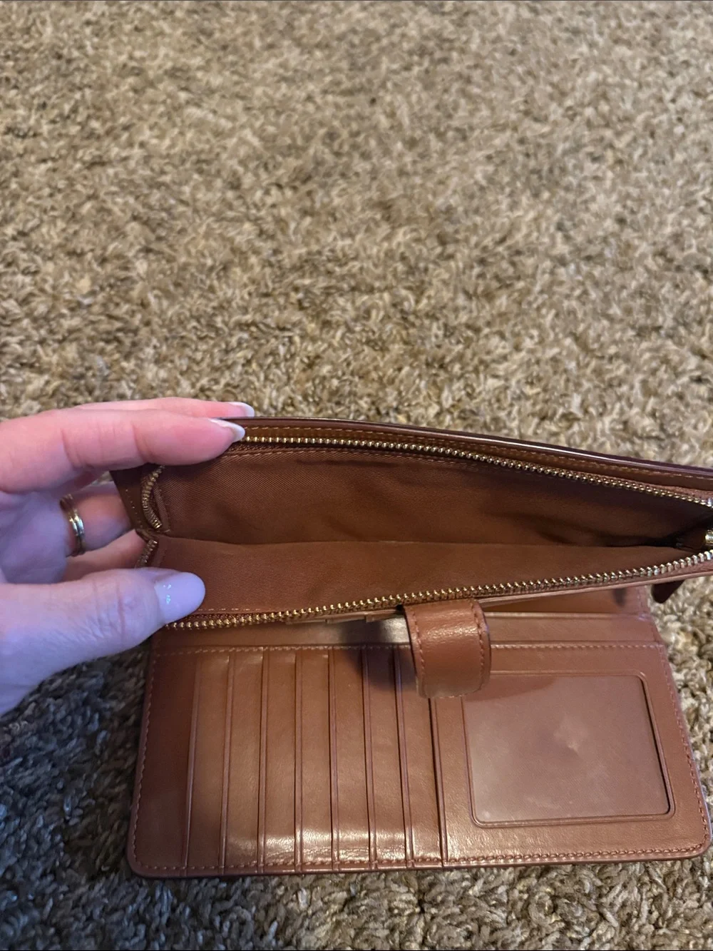 COACH Brown Leather Zip-Around Wallet with Gold Logo